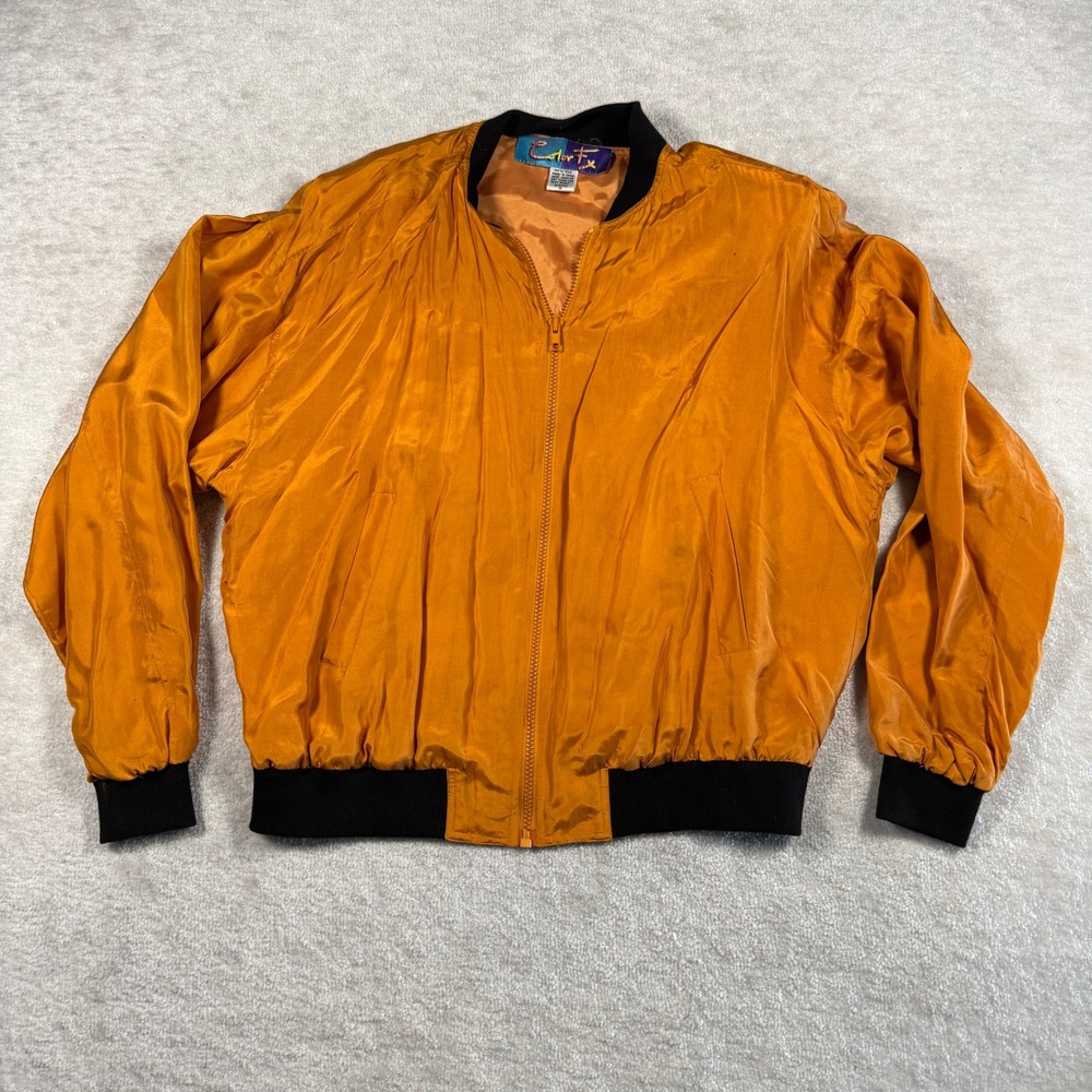 Color Fx Vintage Womens 100% Silk Bomber Jacket Orange Black Trim Size Medium